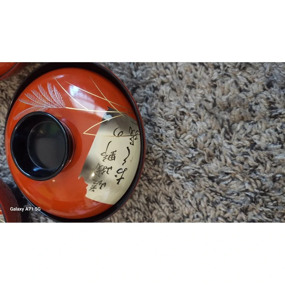Rice Bowls Set of 4 Japanese Vintage Redish Orange Gold Trim Lids Japanese Words
